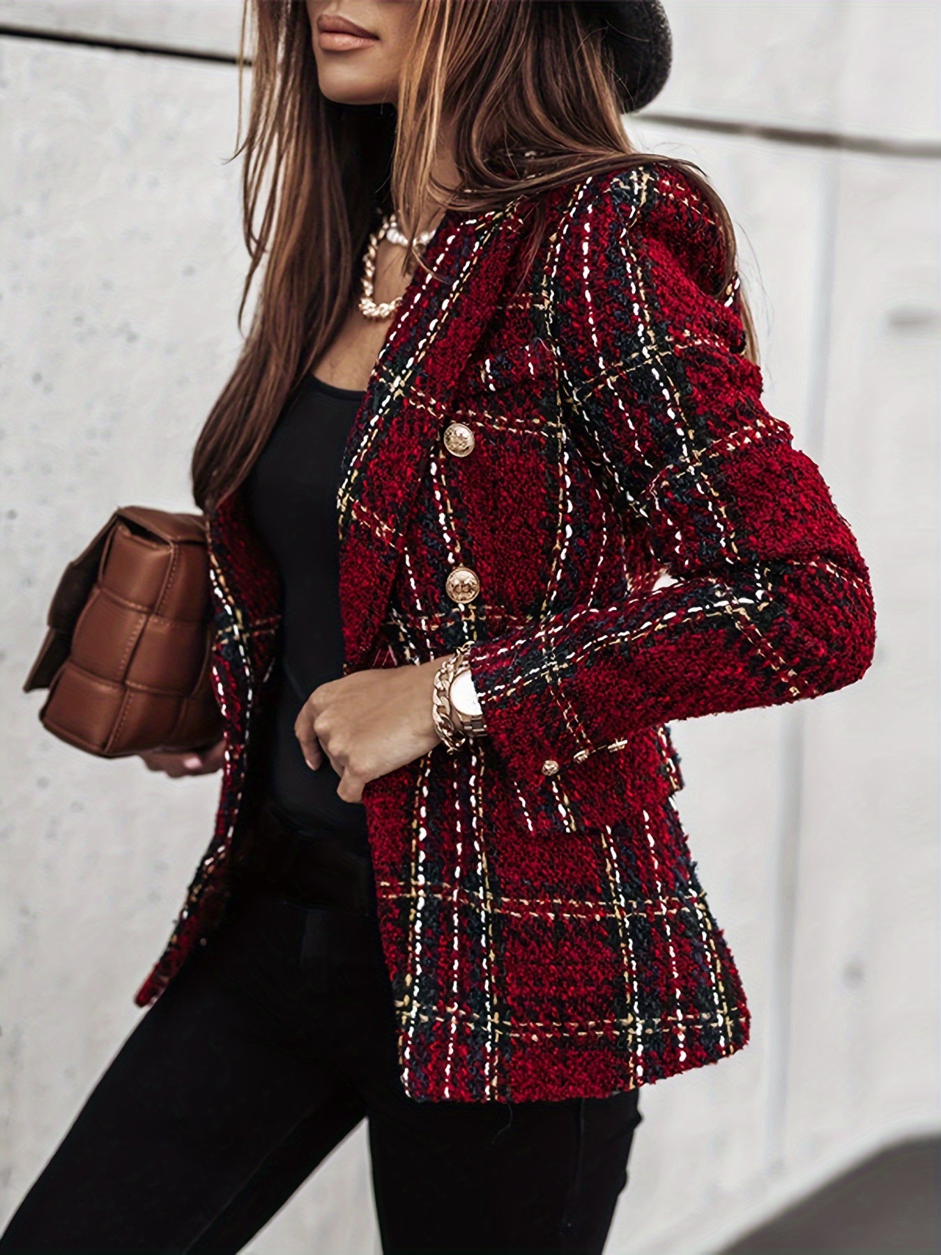 Elegant Plaid Tweed Double-Breasted Blazer