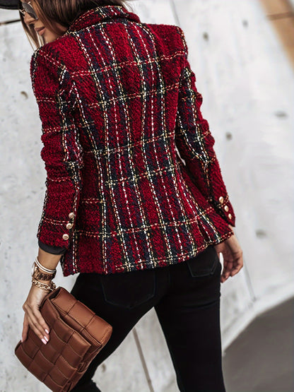 Elegant Plaid Tweed Double-Breasted Blazer