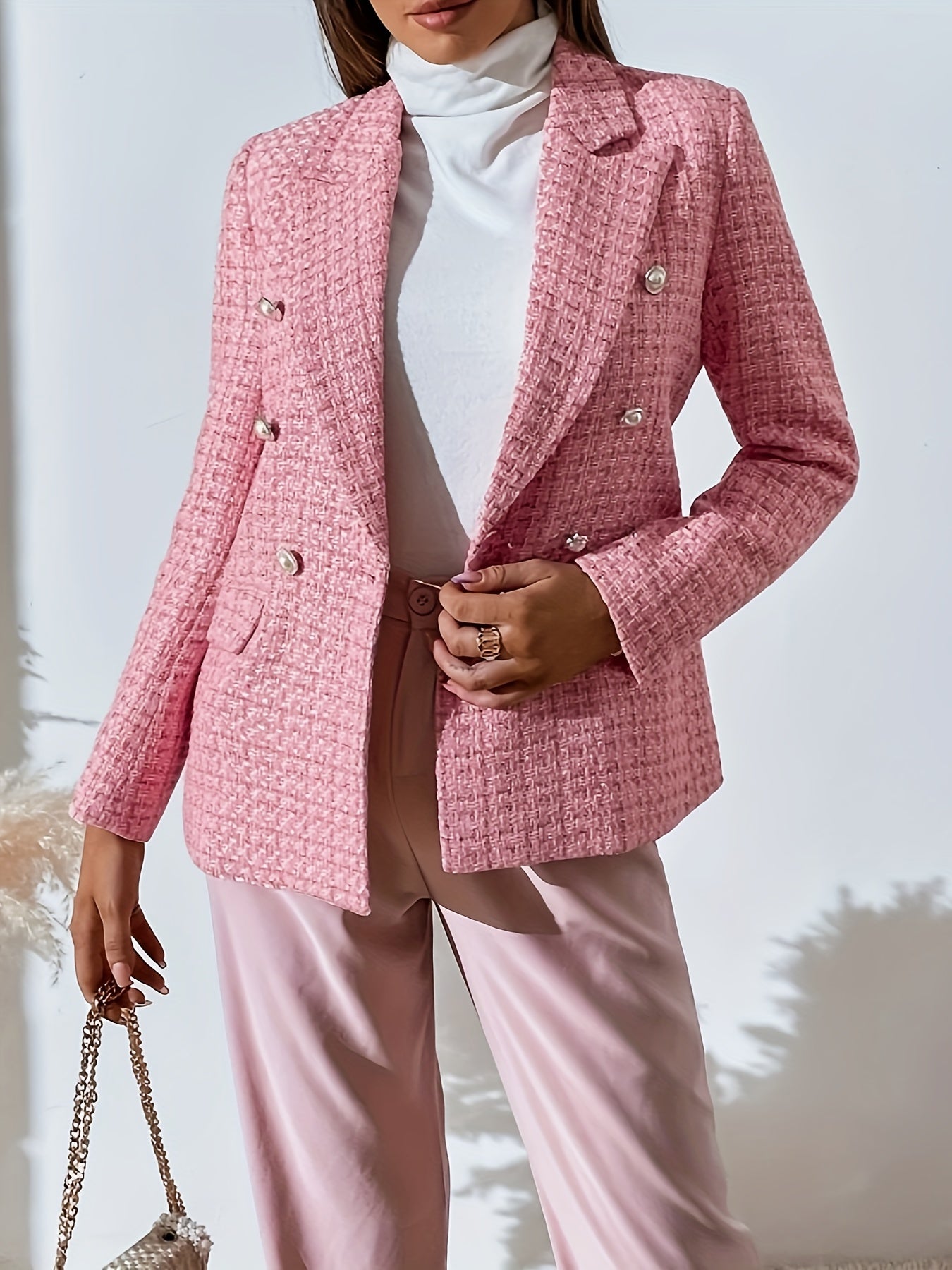 Elegant Tweed Long Sleeve Double-Breasted Blazer