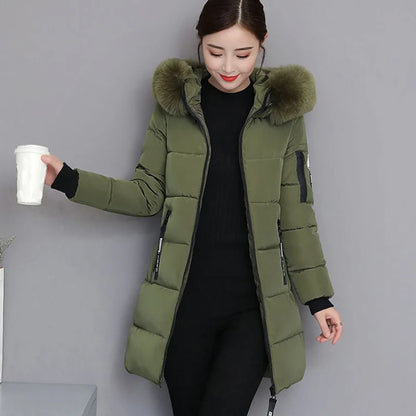 Women Winter Fur Collar Pockets Design Long Jacket