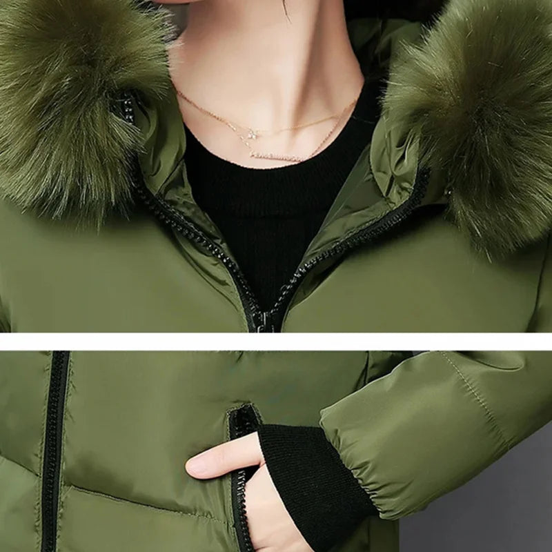 Women Winter Fur Collar Pockets Design Long Jacket