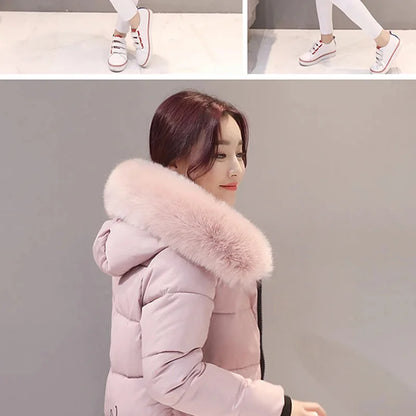 Women Winter Fur Collar Pockets Design Long Jacket