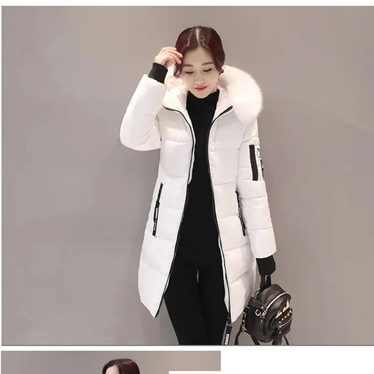 Women Winter Fur Collar Pockets Design Long Jacket