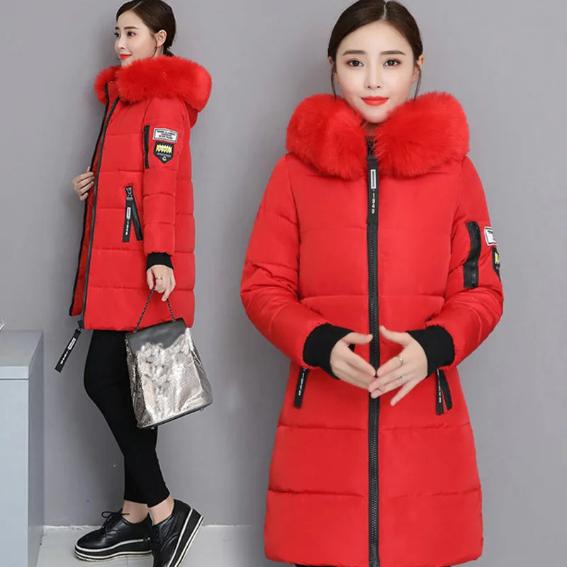 Women Winter Fur Collar Pockets Design Long Jacket