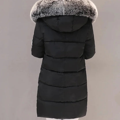 Women Winter Fur Collar Pockets Design Long Jacket