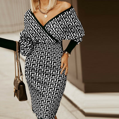 V-Neck Long Sleeve Houndstooth Party Dress Women