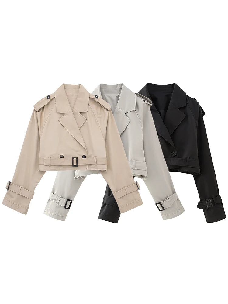 Women Fashion With Belt Cropped Trench Jacket