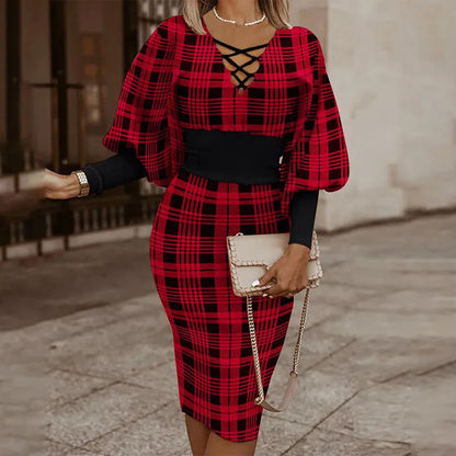 V-Neck Long Sleeve Houndstooth Party Dress Women