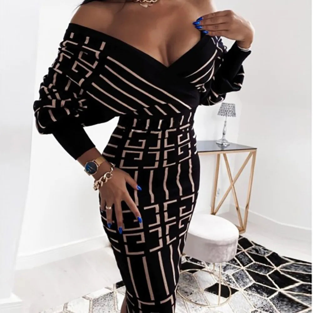 V-Neck Long Sleeve Houndstooth Party Dress Women