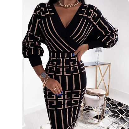 V-Neck Long Sleeve Houndstooth Party Dress Women