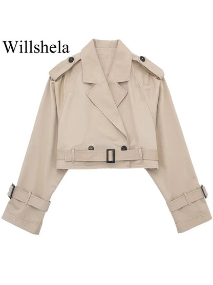 Women Fashion With Belt Cropped Trench Jacket