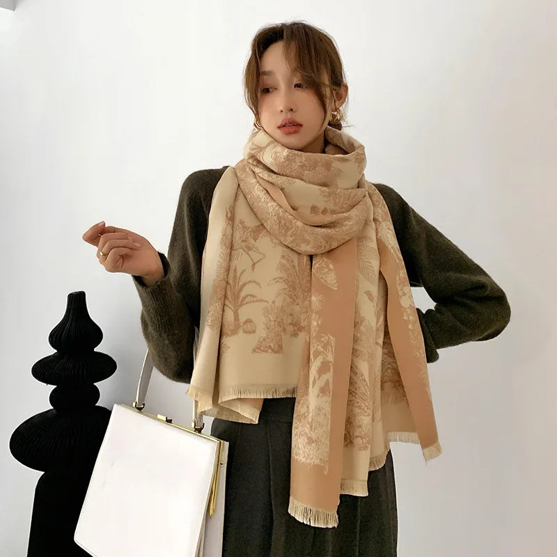 Luxury Floral Print Cashmere Pashmina Scarf for Women