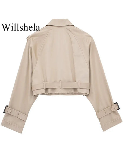 Women Fashion With Belt Cropped Trench Jacket