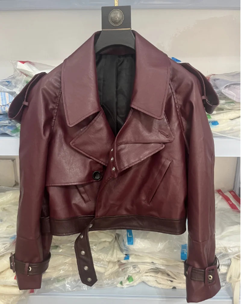 Elegant Leather Belt Crop Coat Women