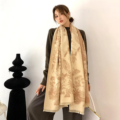 Luxury Floral Print Cashmere Pashmina Scarf for Women